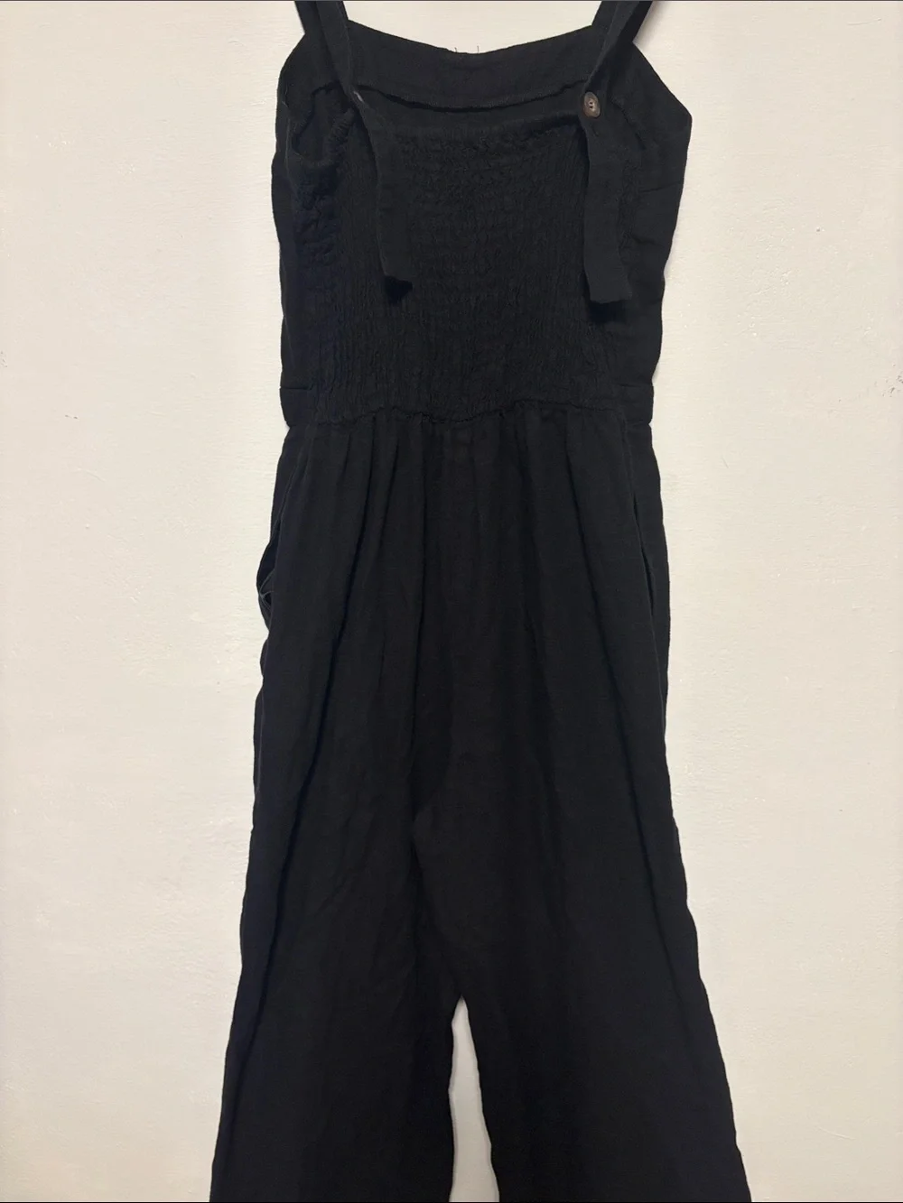 ZARA Black Linen Wide Leg Jumpsuit Button Front Square Neck Women’s XS